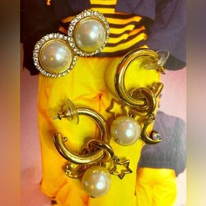 2 Pair of Vintage Goldtone and Pearl Pierced Earrings Celestial Charm